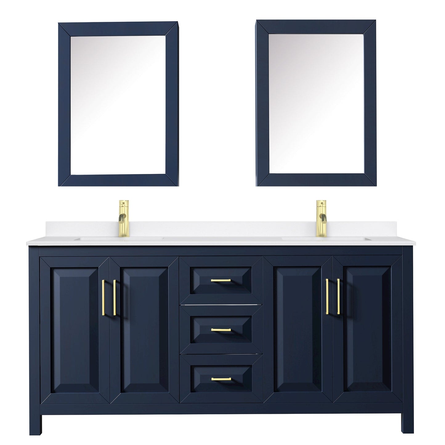 Wyndham Collection Daria 72" Double Bathroom Vanity in Dark Blue, White Quartz Countertop, Undermount Square Sinks (1-Hole), Brushed Gold Trim, Medicine Cabinets