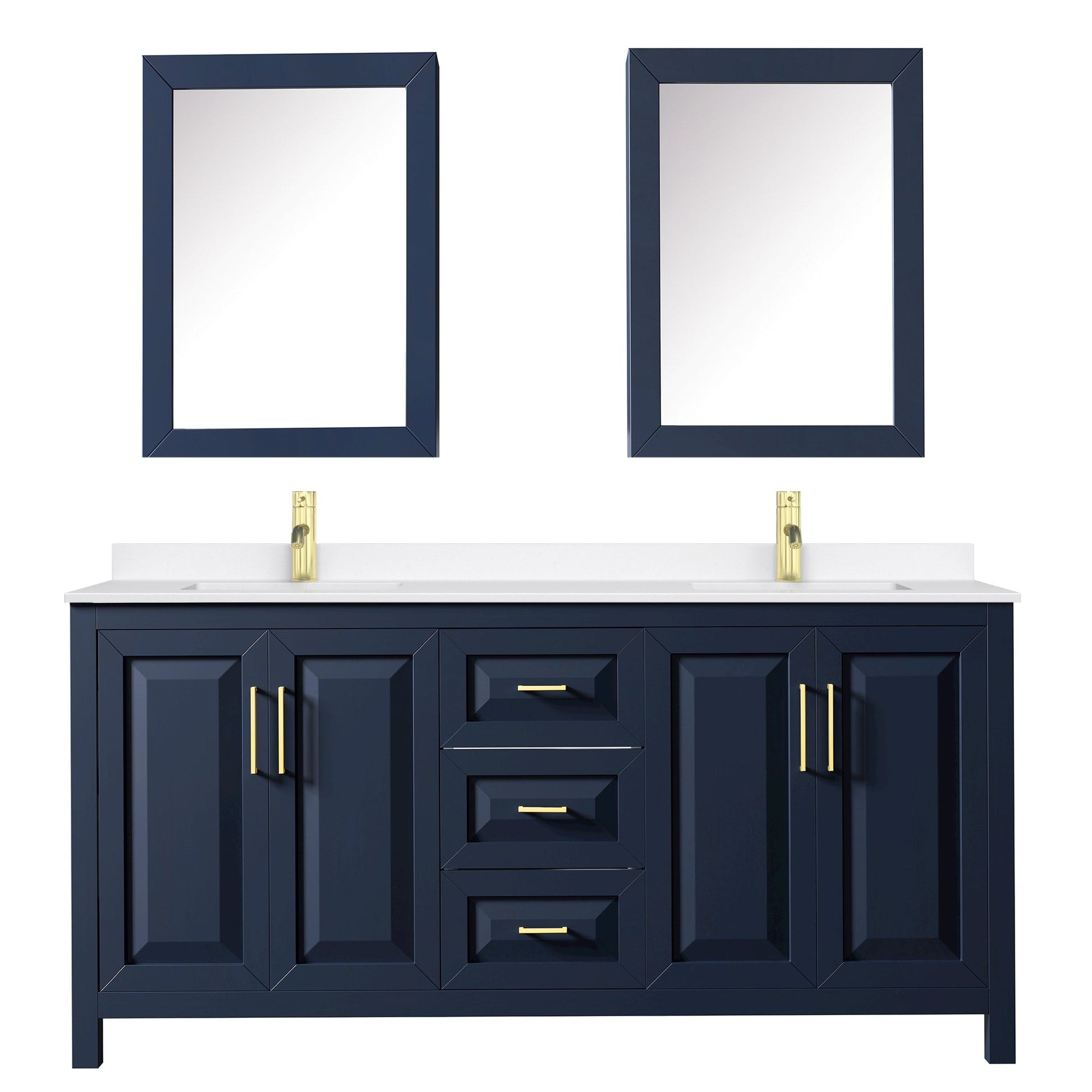 Wyndham Collection Daria 72" Double Bathroom Vanity in Dark Blue, White Quartz Countertop, Undermount Square Sinks (1-Hole), Brushed Gold Trim, Medicine Cabinets