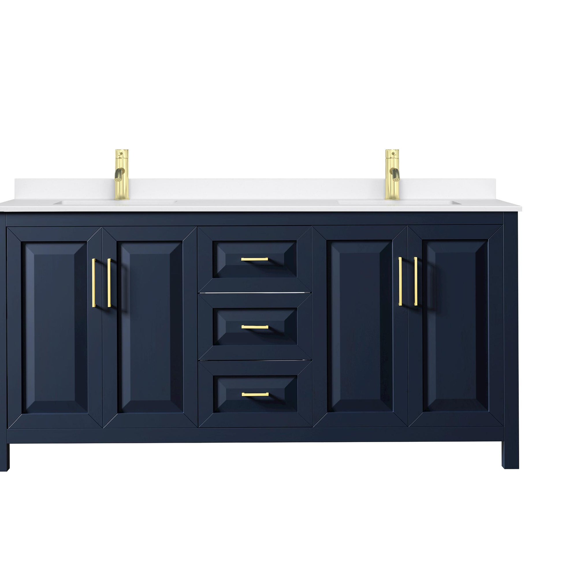 Wyndham Collection Daria 72" Double Bathroom Vanity in Dark Blue, White Quartz Countertop, Undermount Square Sinks (1-Hole), Brushed Gold Trim
