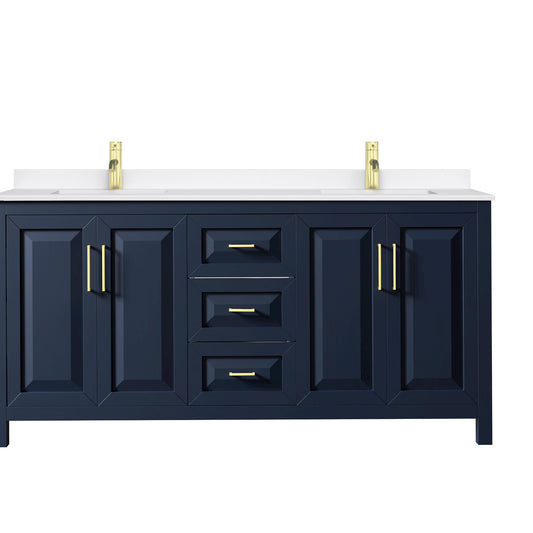 Wyndham Collection Daria 72" Double Bathroom Vanity in Dark Blue, White Quartz Countertop, Undermount Square Sinks (1-Hole), Brushed Gold Trim