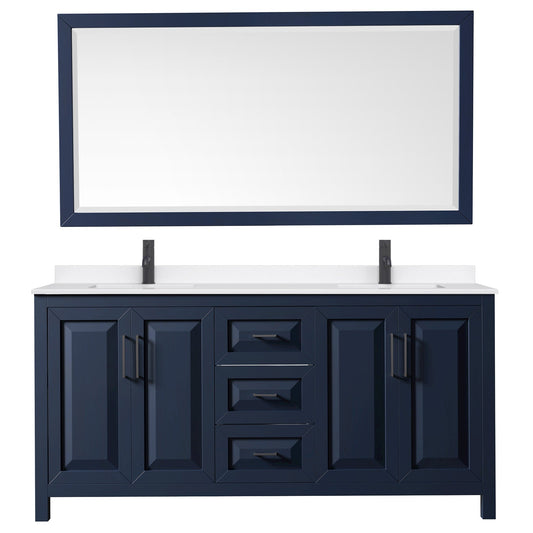 Wyndham Collection Daria 72" Double Bathroom Vanity in Dark Blue, White Quartz Countertop, Undermount Square Sinks (1-Hole), Matte Black Trim, 70" Mirror