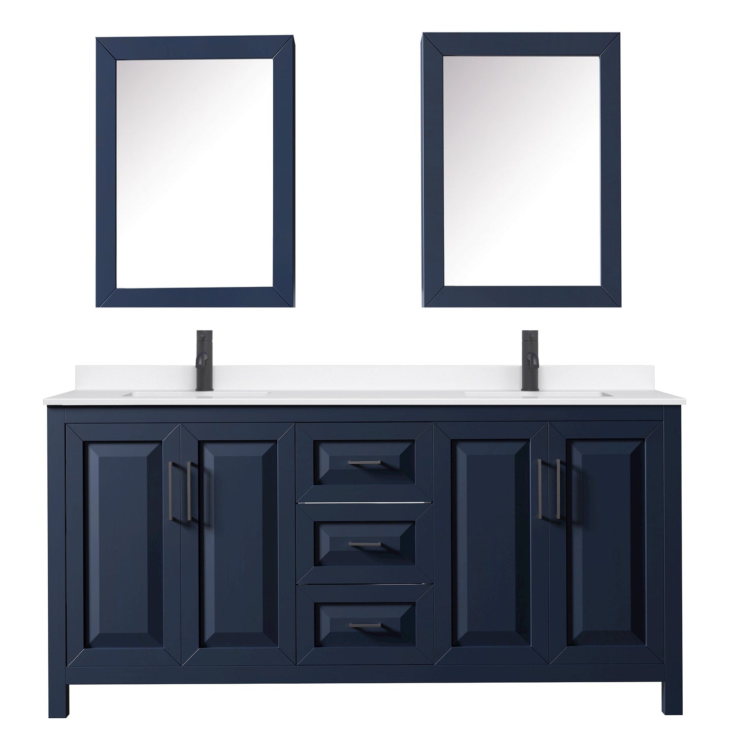 Wyndham Collection Daria 72" Double Bathroom Vanity in Dark Blue, White Quartz Countertop, Undermount Square Sinks (1-Hole), Matte Black Trim, Medicine Cabinets