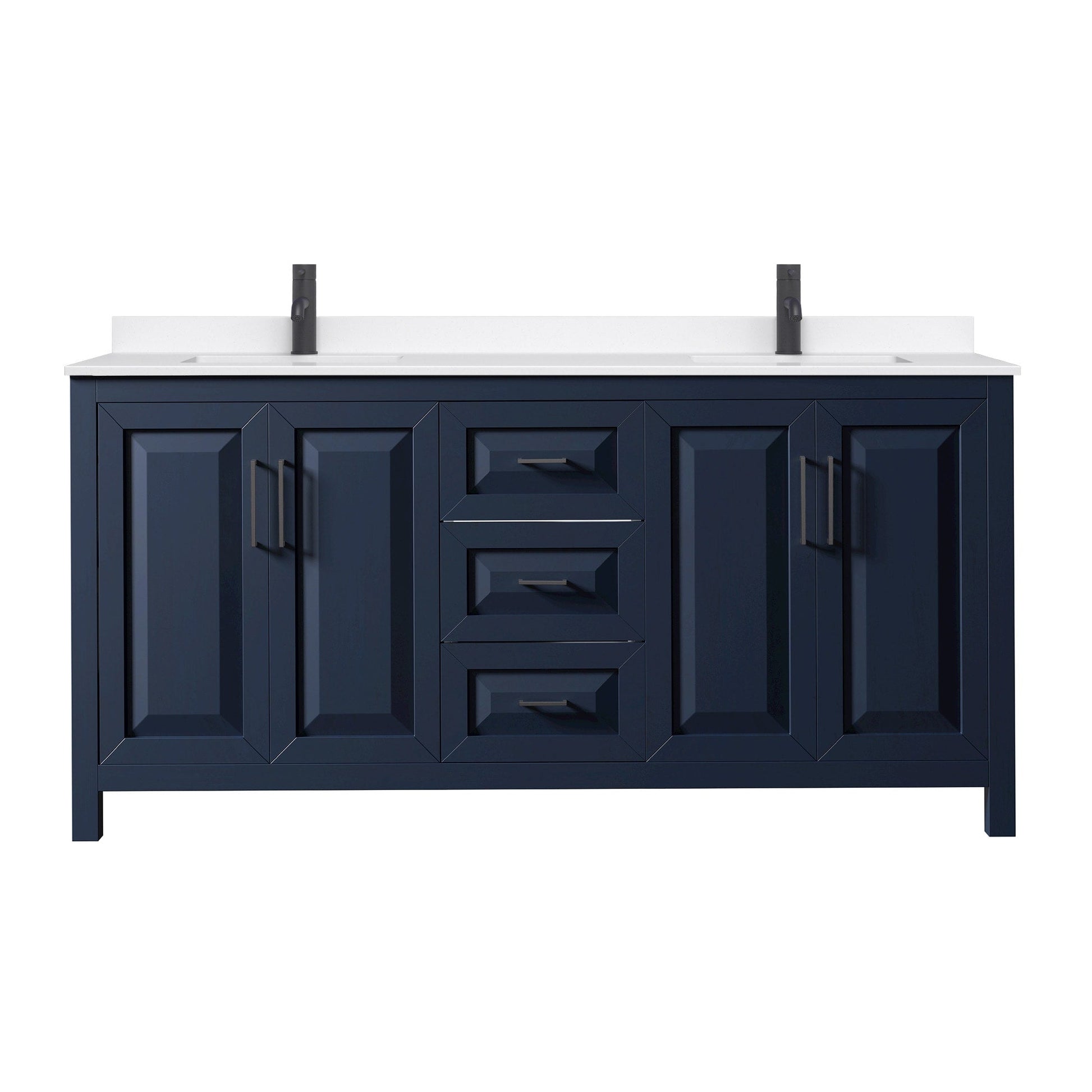 Wyndham Collection Daria 72" Double Bathroom Vanity in Dark Blue, White Quartz Countertop, Undermount Square Sinks (1-Hole), Matte Black Trim