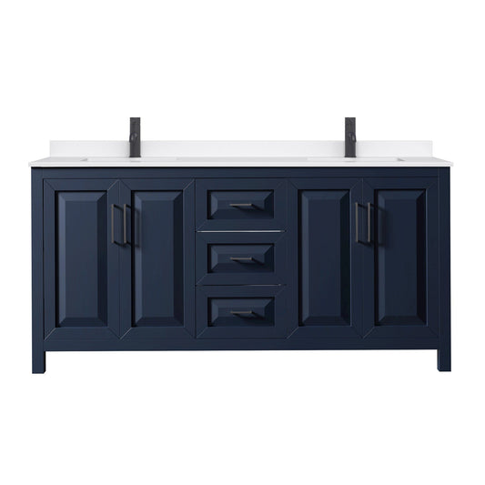Wyndham Collection Daria 72" Double Bathroom Vanity in Dark Blue, White Quartz Countertop, Undermount Square Sinks (1-Hole), Matte Black Trim