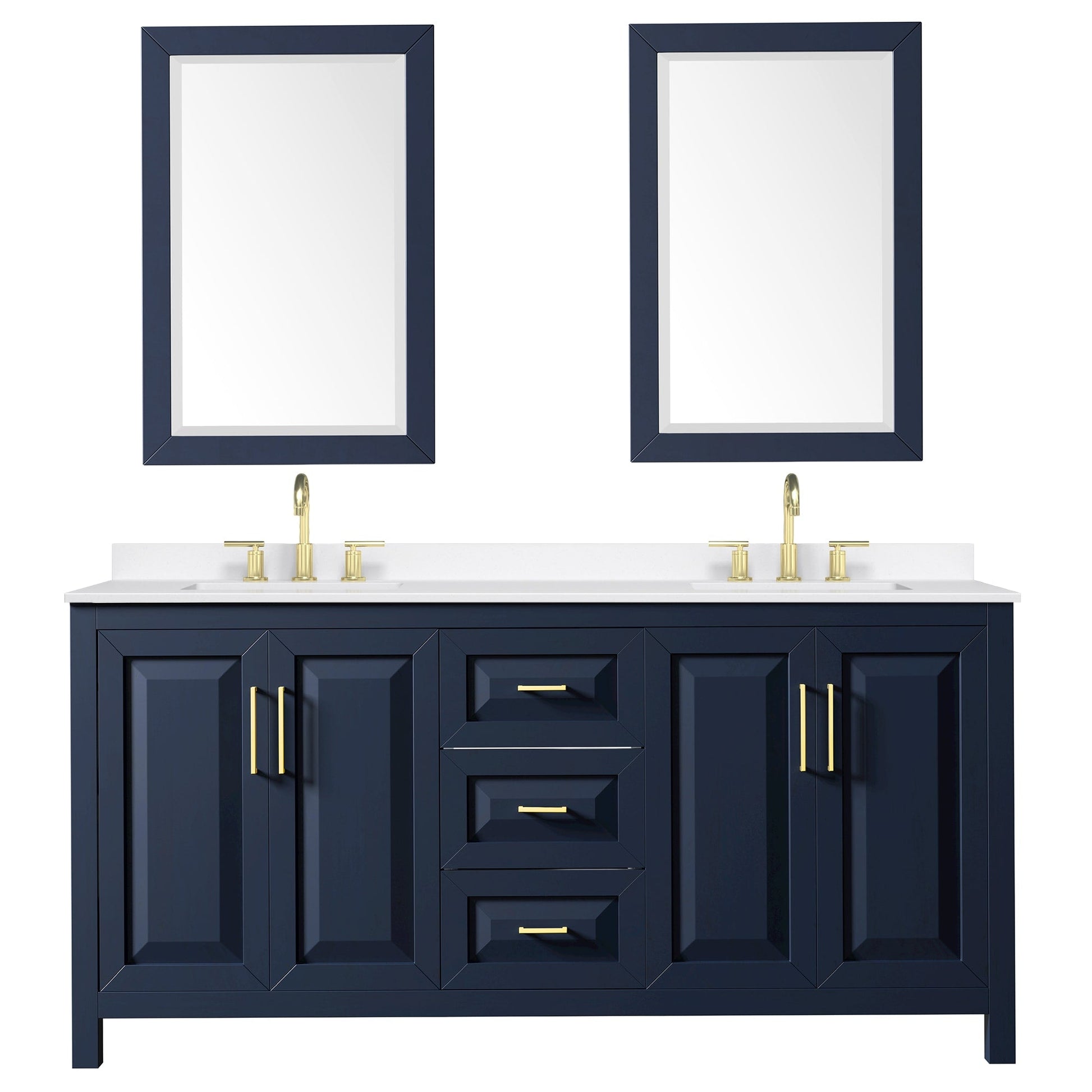 Wyndham Collection Daria 72" Double Bathroom Vanity in Dark Blue, White Quartz Countertop, Undermount Square Sinks (3-Hole), Brushed Gold Trim, 24" Mirrors