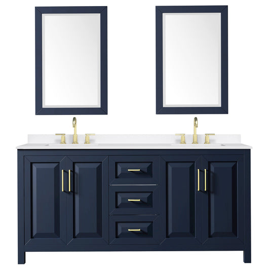 Wyndham Collection Daria 72" Double Bathroom Vanity in Dark Blue, White Quartz Countertop, Undermount Square Sinks (3-Hole), Brushed Gold Trim, 24" Mirrors
