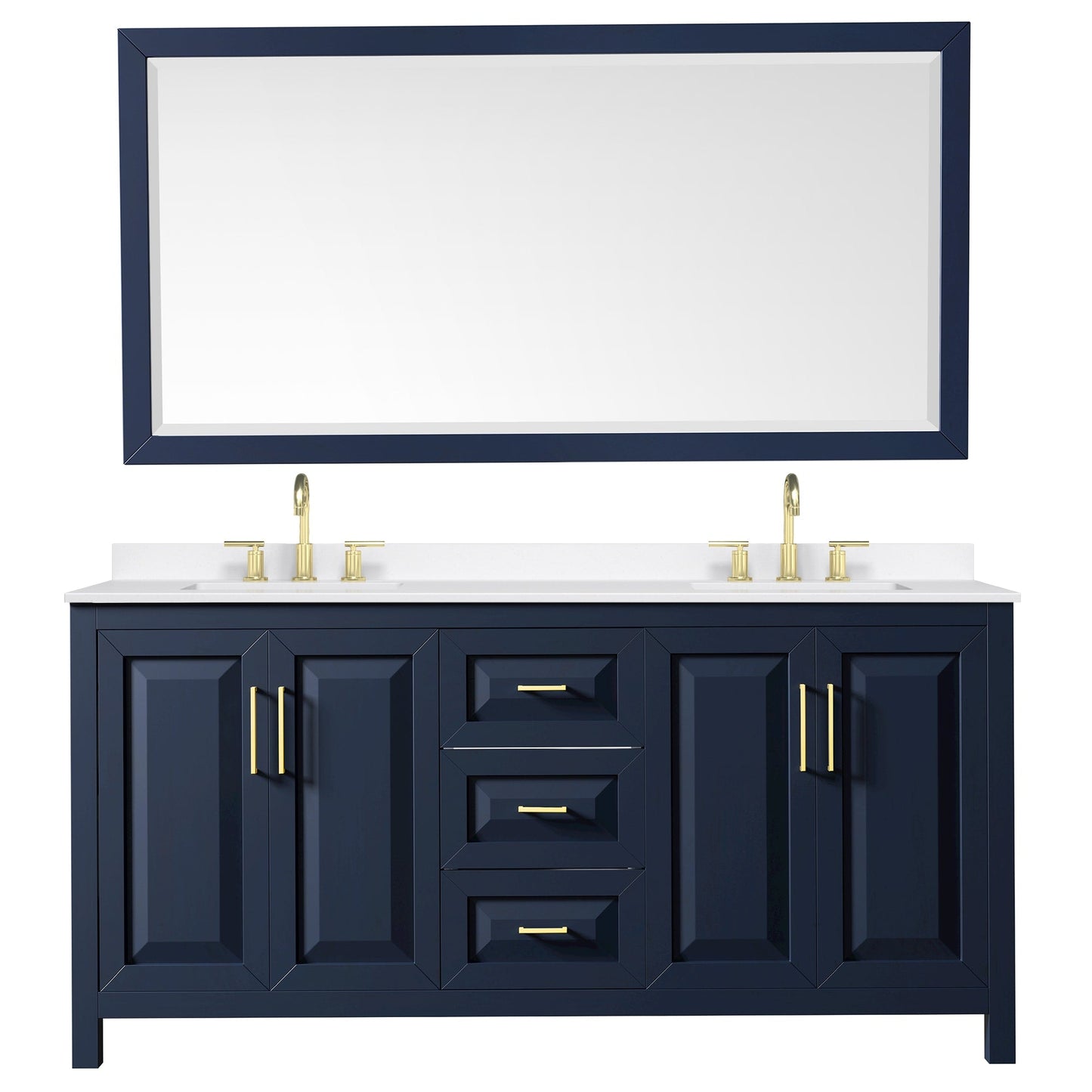 Wyndham Collection Daria 72" Double Bathroom Vanity in Dark Blue, White Quartz Countertop, Undermount Square Sinks (3-Hole), Brushed Gold Trim, 70" Mirror