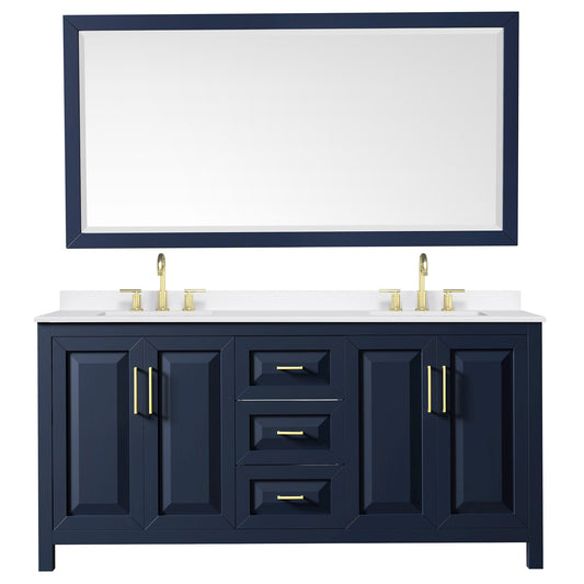 Wyndham Collection Daria 72" Double Bathroom Vanity in Dark Blue, White Quartz Countertop, Undermount Square Sinks (3-Hole), Brushed Gold Trim, 70" Mirror