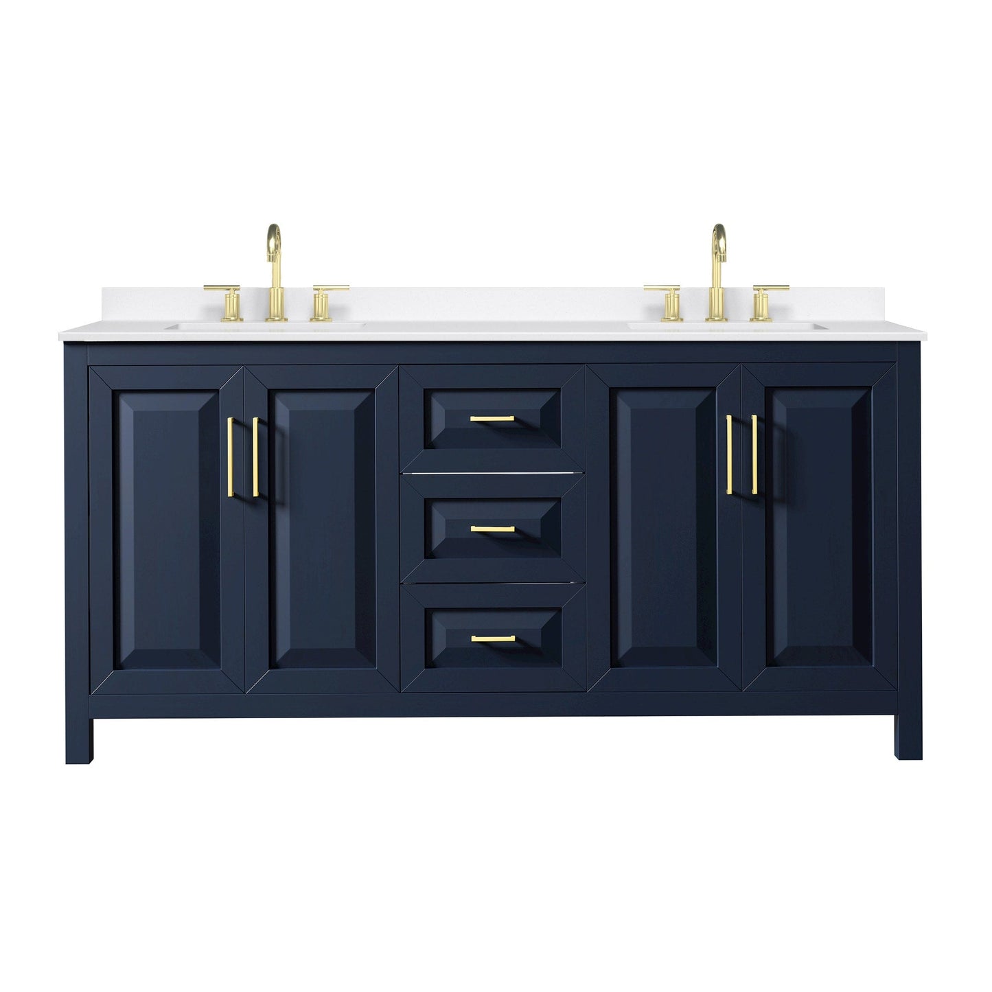 Wyndham Collection Daria 72" Double Bathroom Vanity in Dark Blue, White Quartz Countertop, Undermount Square Sinks (3-Hole), Brushed Gold Trim