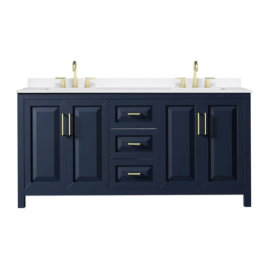 Wyndham Collection Daria 72" Double Bathroom Vanity in Dark Blue, White Quartz Countertop, Undermount Square Sinks (3-Hole), Brushed Gold Trim