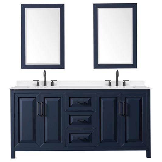 Wyndham Collection Daria 72" Double Bathroom Vanity in Dark Blue, White Quartz Countertop, Undermount Square Sinks (3-Hole), Matte Black Trim, 24" Mirrors
