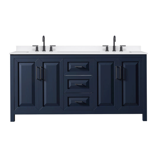 Wyndham Collection Daria 72" Double Bathroom Vanity in Dark Blue, White Quartz Countertop, Undermount Square Sinks (3-Hole), Matte Black Trim