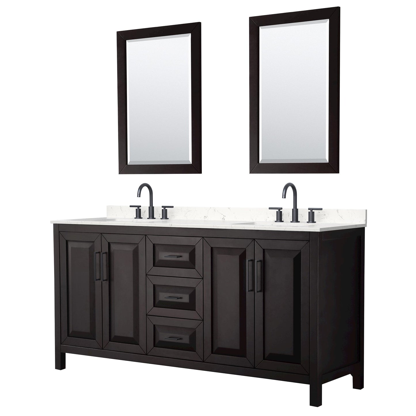 Wyndham Collection Daria 72" Double Bathroom Vanity in Dark Espresso, Carrara Cultured Marble Countertop, Undermount Square Sinks (3-Hole), Matte Black Trim, 24" Mirrors