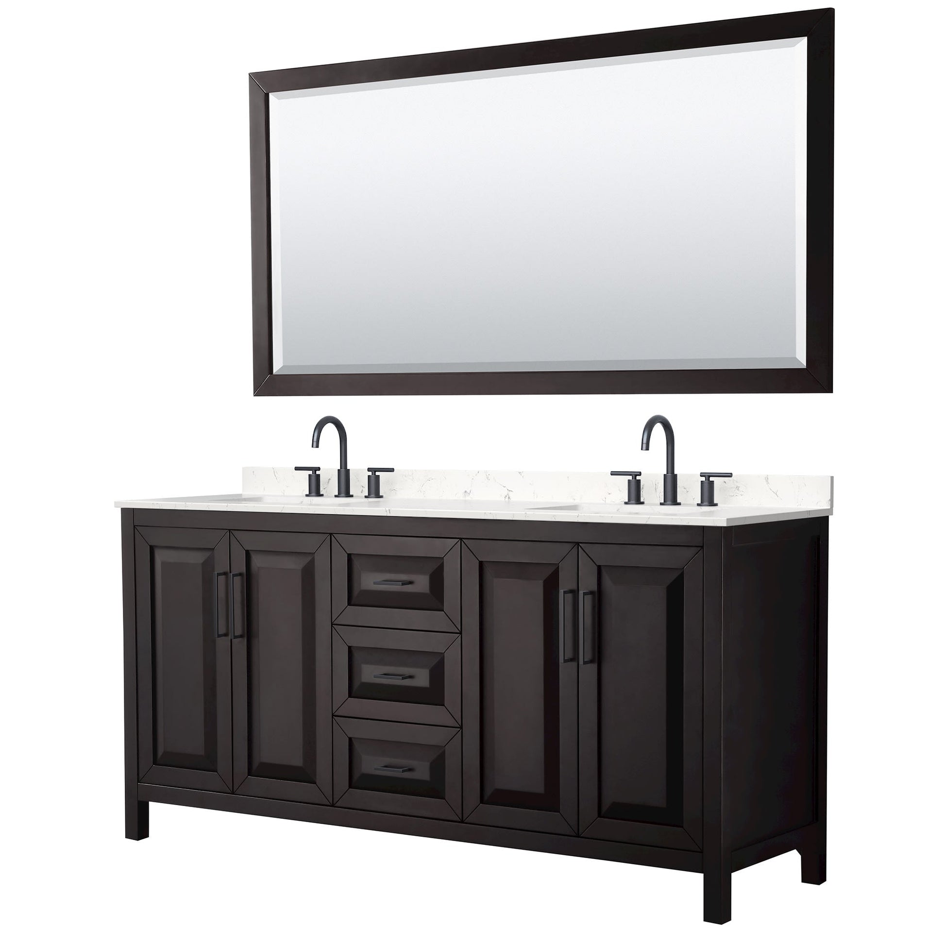 Wyndham Collection Daria 72" Double Bathroom Vanity in Dark Espresso, Carrara Cultured Marble Countertop, Undermount Square Sinks (3-Hole), Matte Black Trim, 70" Mirror