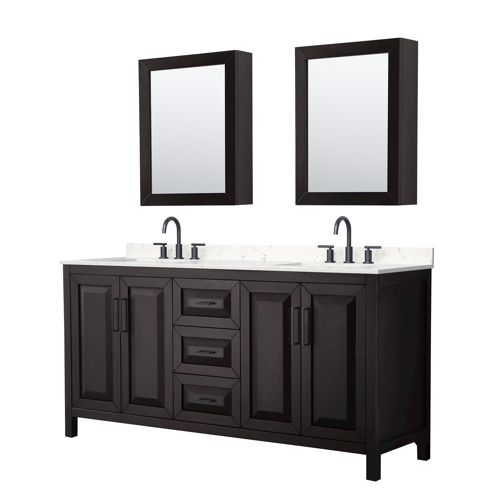 Wyndham Collection Daria 72" Double Bathroom Vanity in Dark Espresso, Carrara Cultured Marble Countertop, Undermount Square Sinks (3-Hole), Matte Black Trim, Medicine Cabinets