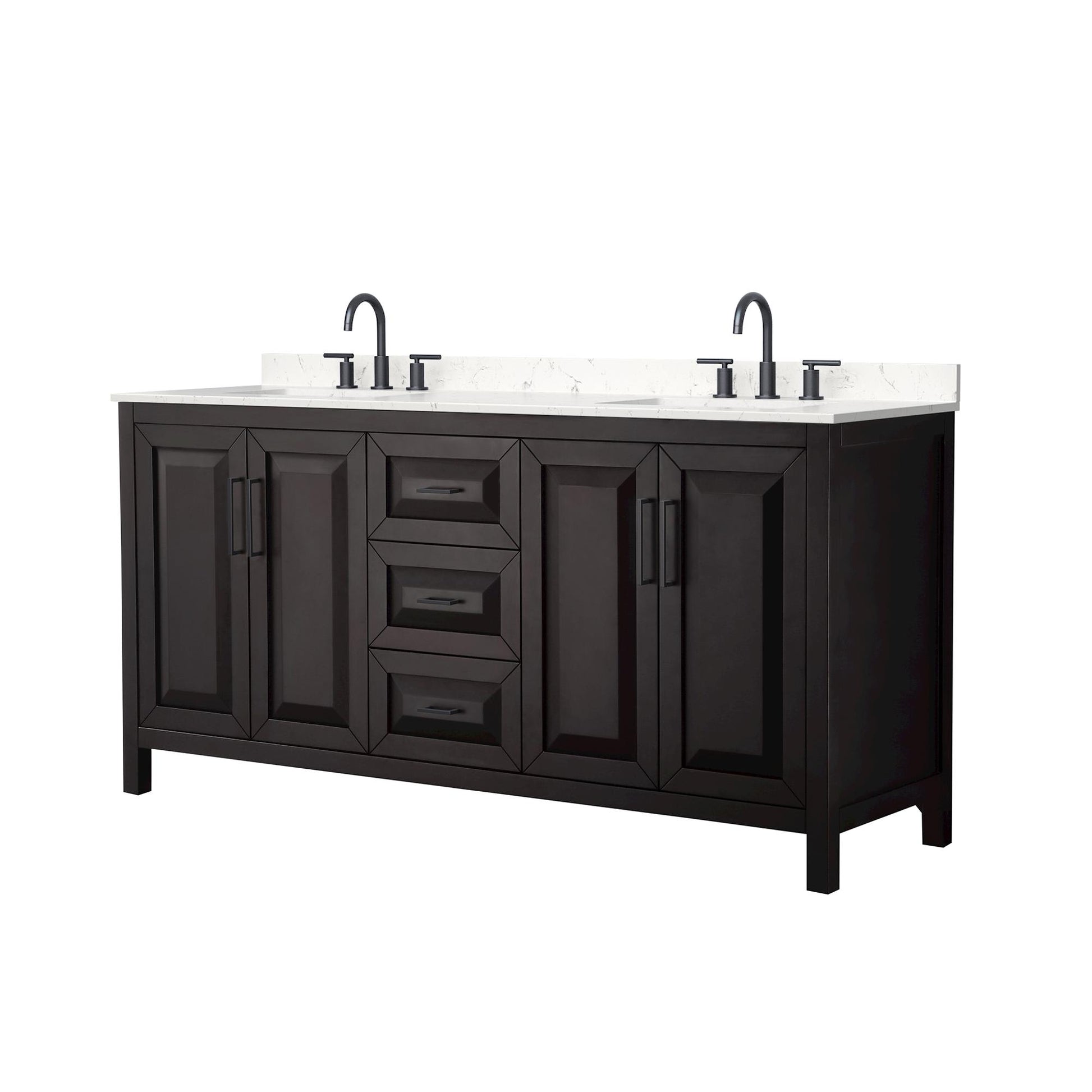 Wyndham Collection Daria 72" Double Bathroom Vanity in Dark Espresso, Carrara Cultured Marble Countertop, Undermount Square Sinks (3-Hole), Matte Black Trim