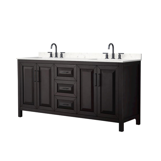 Wyndham Collection Daria 72" Double Bathroom Vanity in Dark Espresso, Carrara Cultured Marble Countertop, Undermount Square Sinks (3-Hole), Matte Black Trim