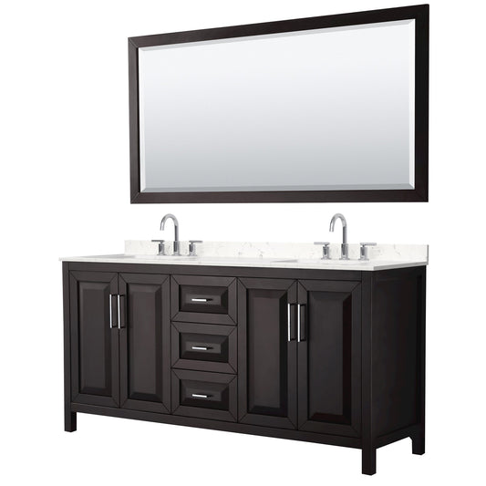 Wyndham Collection Daria 72" Double Bathroom Vanity in Dark Espresso, Carrara Cultured Marble Countertop, Undermount Square Sinks (3-Hole), Polished Chrome Trim, 70" Mirror