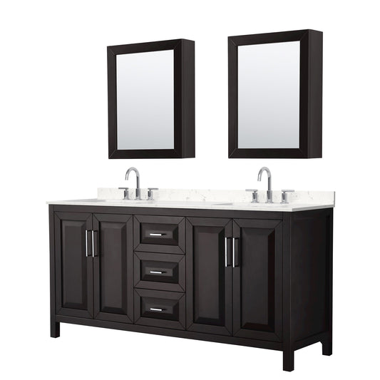 Wyndham Collection Daria 72" Double Bathroom Vanity in Dark Espresso, Carrara Cultured Marble Countertop, Undermount Square Sinks (3-Hole), Polished Chrome Trim, Medicine Cabinets