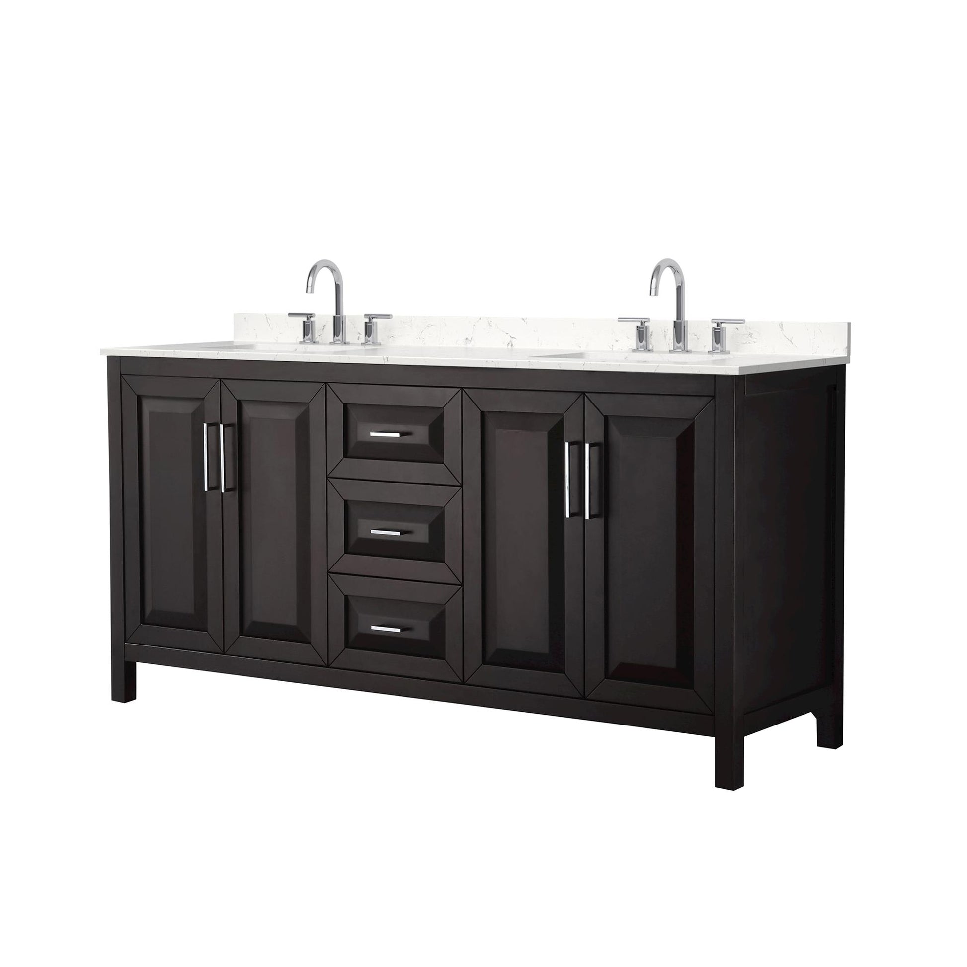 Wyndham Collection Daria 72" Double Bathroom Vanity in Dark Espresso, Carrara Cultured Marble Countertop, Undermount Square Sinks (3-Hole), Polished Chrome Trim