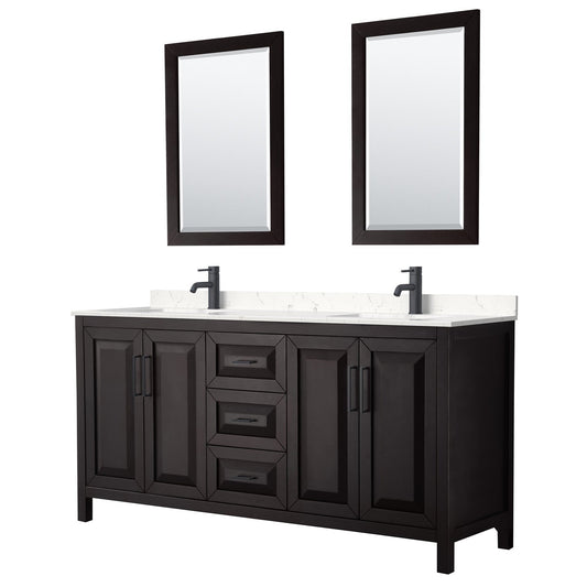 Wyndham Collection Daria 72" Double Bathroom Vanity in Dark Espresso, Carrara Cultured Marble Countertop, Undermount Square Sinks, Matte Black Trim, 24" Mirrors