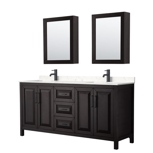 Wyndham Collection Daria 72" Double Bathroom Vanity in Dark Espresso, Carrara Cultured Marble Countertop, Undermount Square Sinks, Matte Black Trim, Medicine Cabinets