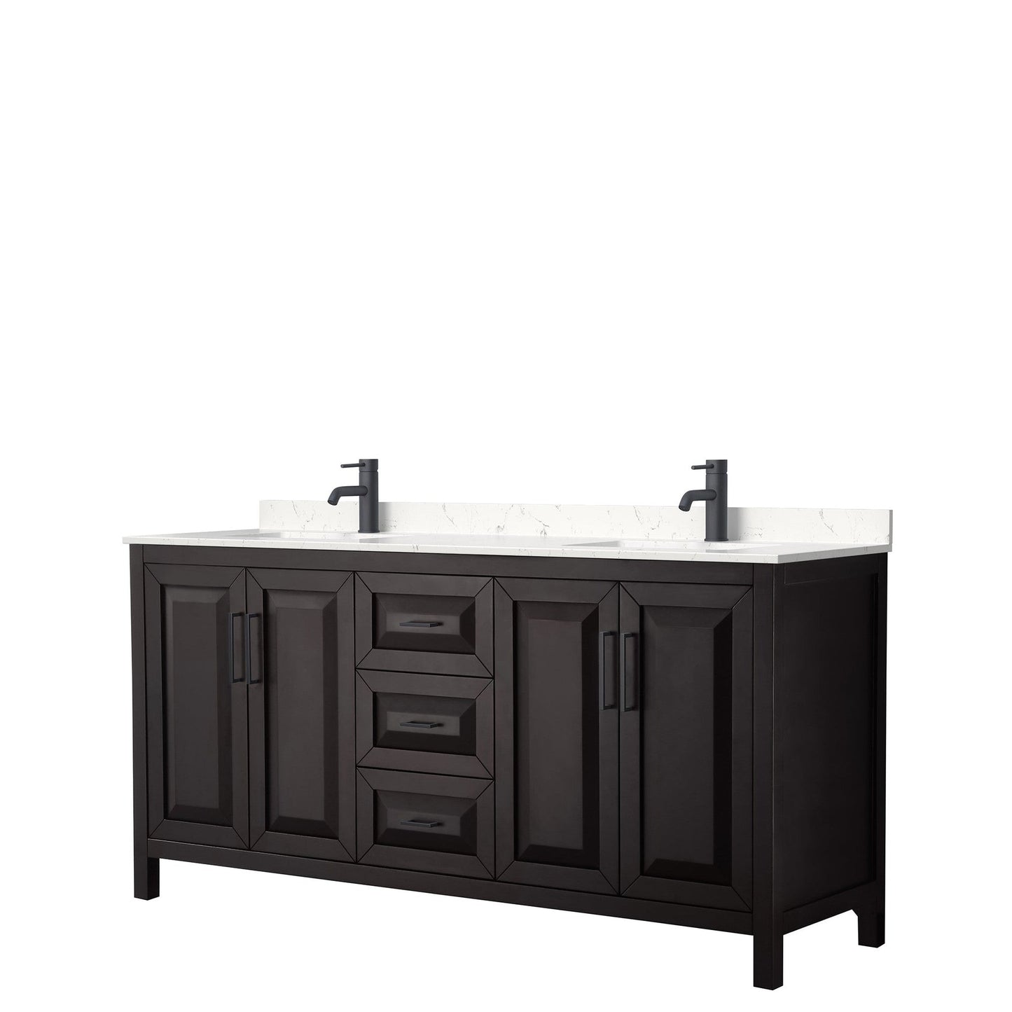 Wyndham Collection Daria 72" Double Bathroom Vanity in Dark Espresso, Carrara Cultured Marble Countertop, Undermount Square Sinks, Matte Black Trim