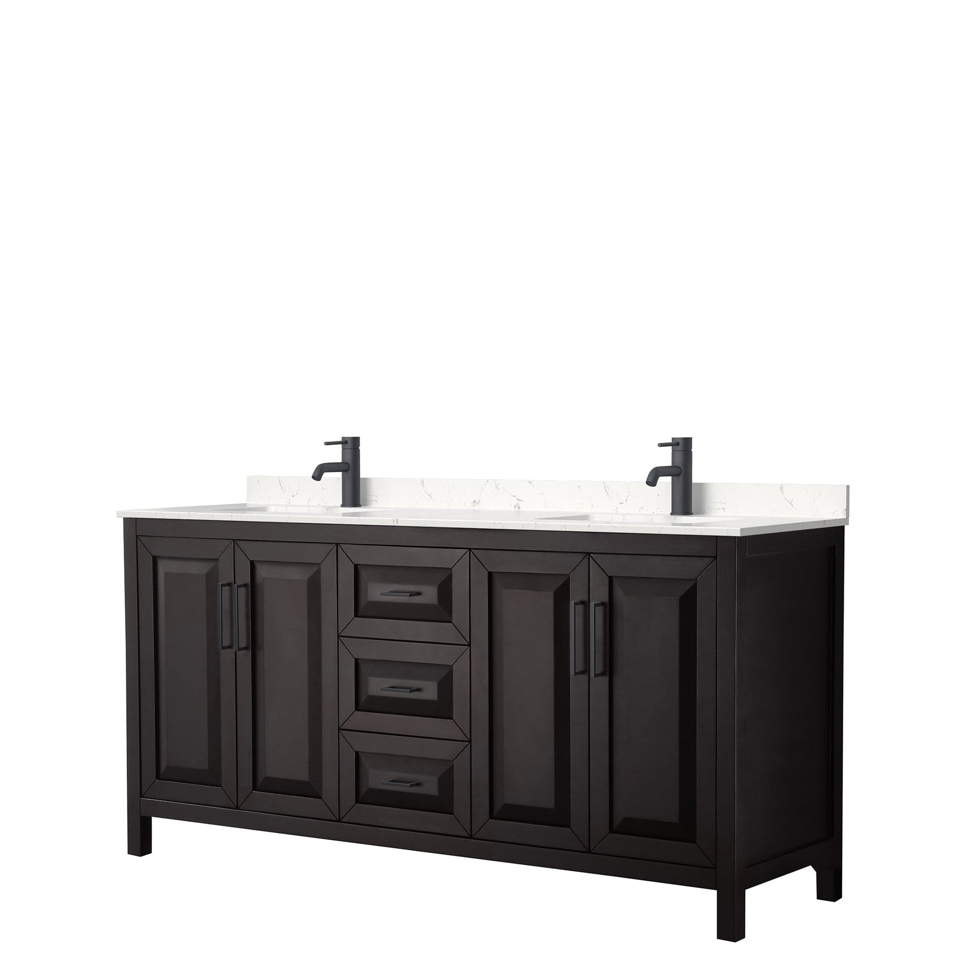 Wyndham Collection Daria 72" Double Bathroom Vanity in Dark Espresso, Carrara Cultured Marble Countertop, Undermount Square Sinks, Matte Black Trim