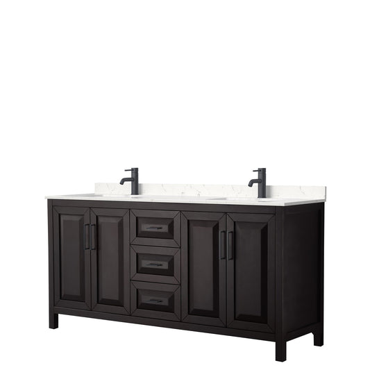 Wyndham Collection Daria 72" Double Bathroom Vanity in Dark Espresso, Carrara Cultured Marble Countertop, Undermount Square Sinks, Matte Black Trim