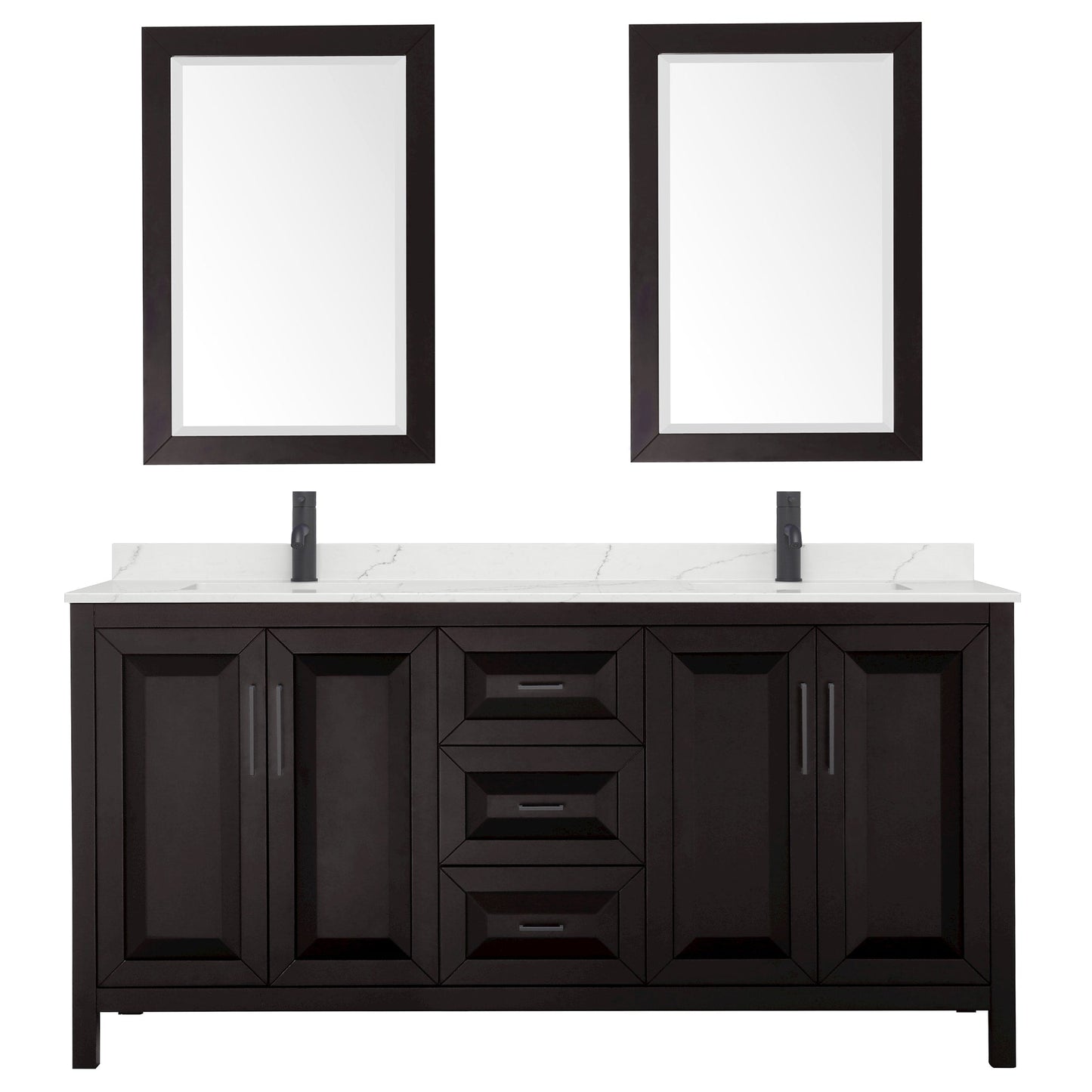Wyndham Collection Daria 72" Double Bathroom Vanity in Dark Espresso, Giotto Quartz Countertop, Undermount Square Sinks (1-Hole), Matte Black Trim, 24" Mirrors