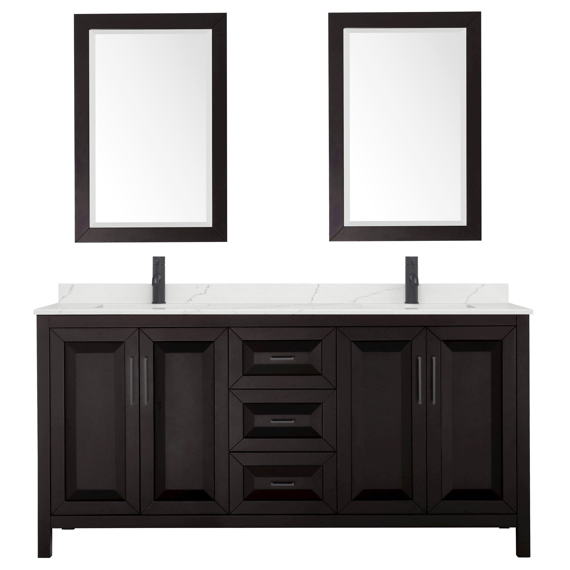 Wyndham Collection Daria 72" Double Bathroom Vanity in Dark Espresso, Giotto Quartz Countertop, Undermount Square Sinks (1-Hole), Matte Black Trim, 24" Mirrors