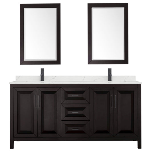 Wyndham Collection Daria 72" Double Bathroom Vanity in Dark Espresso, Giotto Quartz Countertop, Undermount Square Sinks (1-Hole), Matte Black Trim, 24" Mirrors