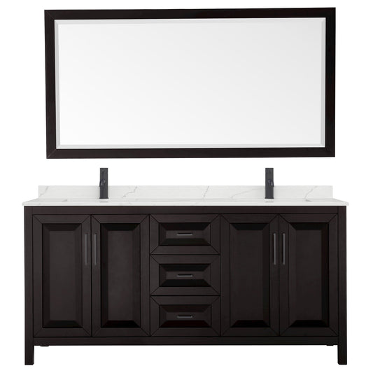 Wyndham Collection Daria 72" Double Bathroom Vanity in Dark Espresso, Giotto Quartz Countertop, Undermount Square Sinks (1-Hole), Matte Black Trim, 70" Mirror