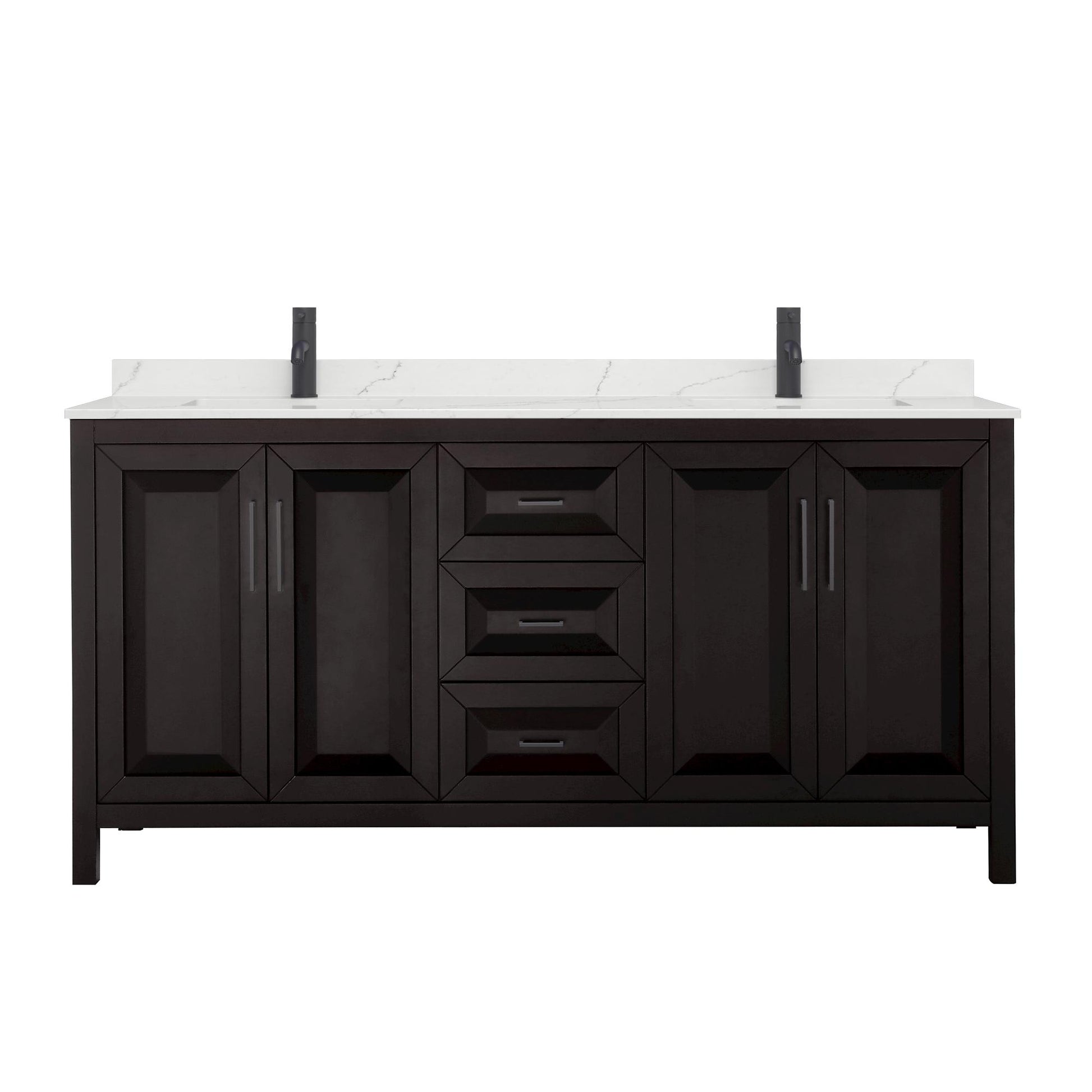 Wyndham Collection Daria 72" Double Bathroom Vanity in Dark Espresso, Giotto Quartz Countertop, Undermount Square Sinks (1-Hole), Matte Black Trim