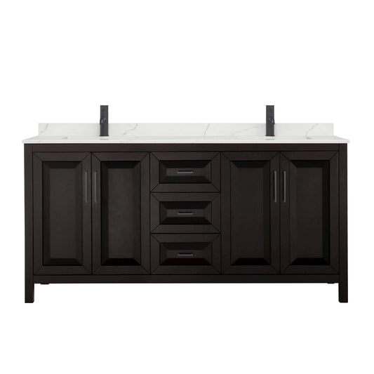 Wyndham Collection Daria 72" Double Bathroom Vanity in Dark Espresso, Giotto Quartz Countertop, Undermount Square Sinks (1-Hole), Matte Black Trim