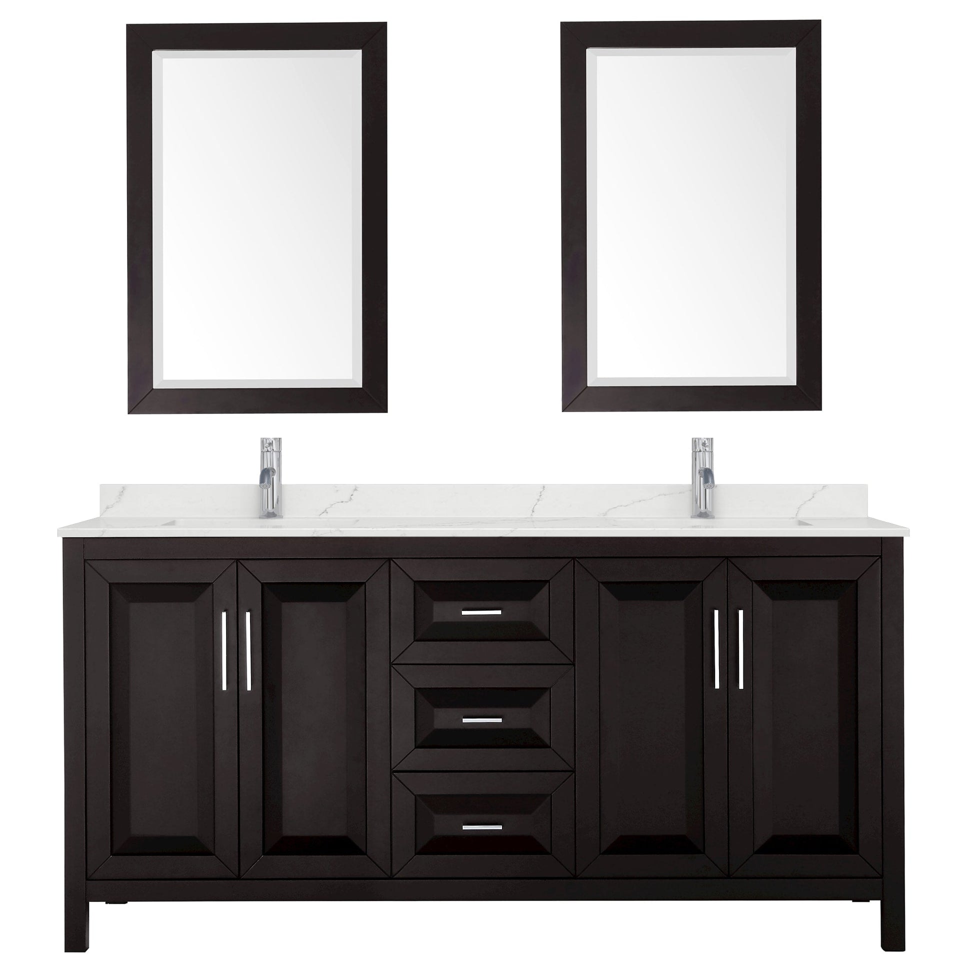 Wyndham Collection Daria 72" Double Bathroom Vanity in Dark Espresso, Giotto Quartz Countertop, Undermount Square Sinks (1-Hole), Polished Chrome Trim, 24" Mirrors