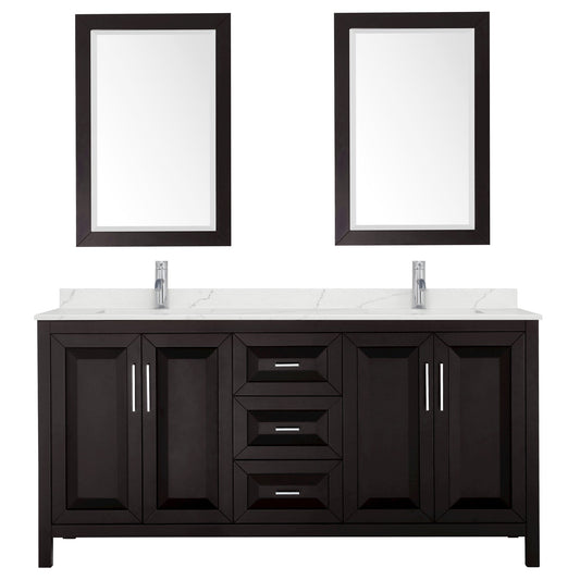 Wyndham Collection Daria 72" Double Bathroom Vanity in Dark Espresso, Giotto Quartz Countertop, Undermount Square Sinks (1-Hole), Polished Chrome Trim, 24" Mirrors