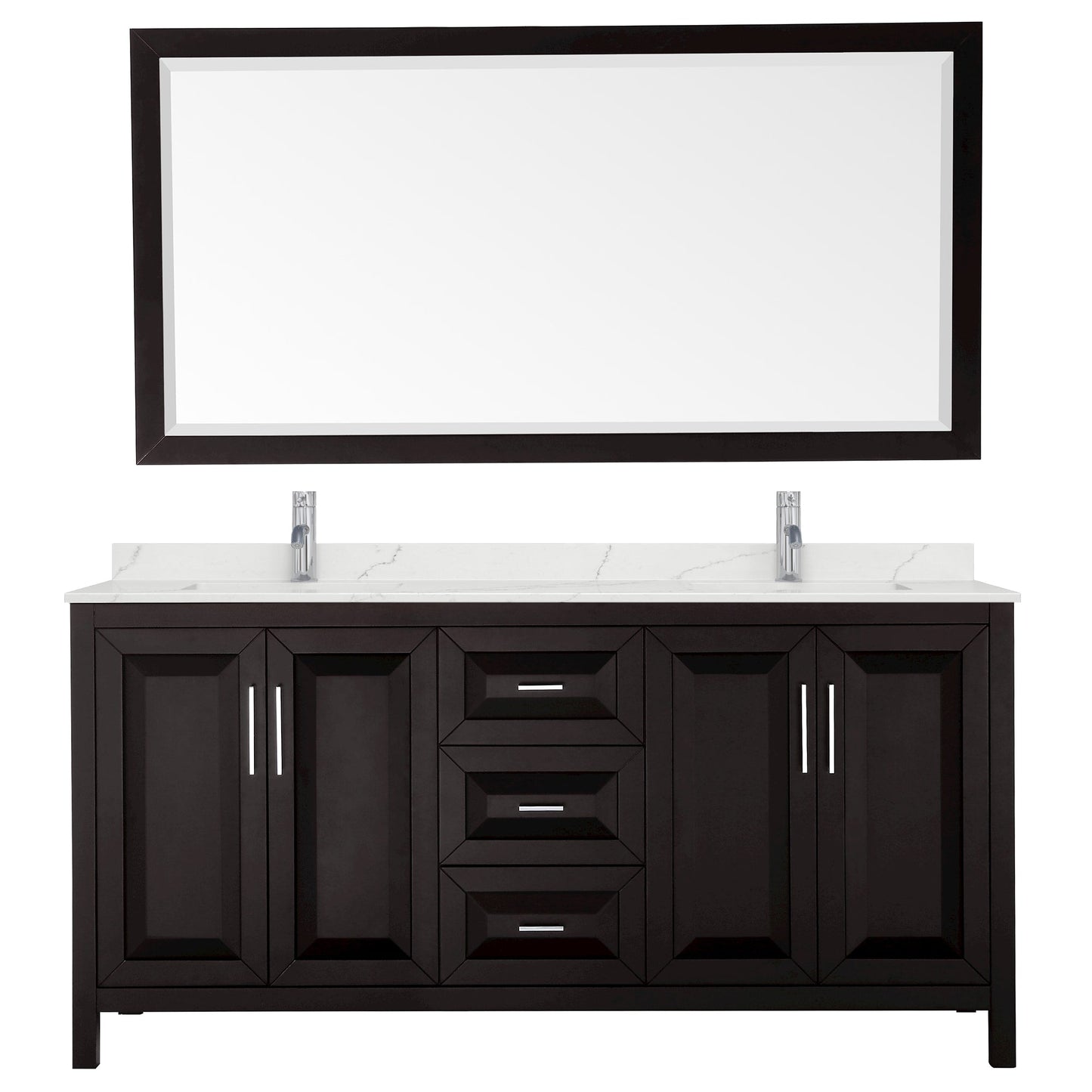 Wyndham Collection Daria 72" Double Bathroom Vanity in Dark Espresso, Giotto Quartz Countertop, Undermount Square Sinks (1-Hole), Polished Chrome Trim, 70" Mirror