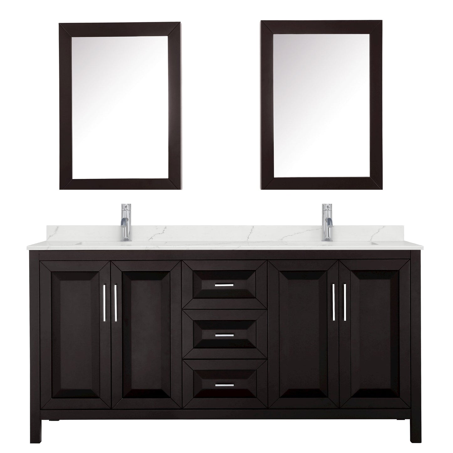 Wyndham Collection Daria 72" Double Bathroom Vanity in Dark Espresso, Giotto Quartz Countertop, Undermount Square Sinks (1-Hole), Polished Chrome Trim, Medicine Cabinets