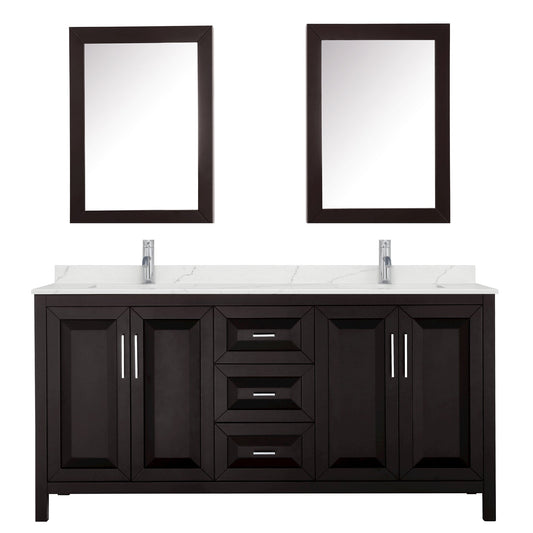 Wyndham Collection Daria 72" Double Bathroom Vanity in Dark Espresso, Giotto Quartz Countertop, Undermount Square Sinks (1-Hole), Polished Chrome Trim, Medicine Cabinets