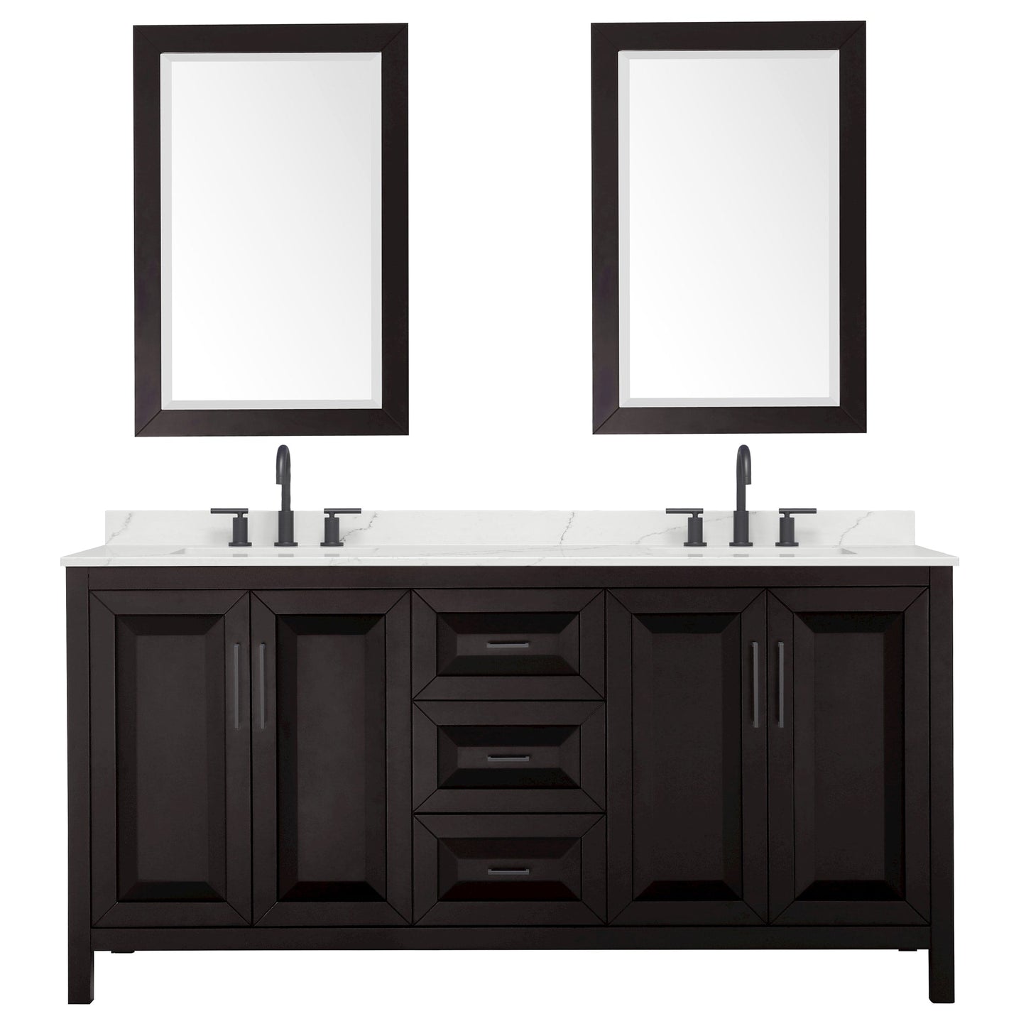 Wyndham Collection Daria 72" Double Bathroom Vanity in Dark Espresso, Giotto Quartz Countertop, Undermount Square Sinks (3-Hole), Matte Black Trim, 24" Mirrors