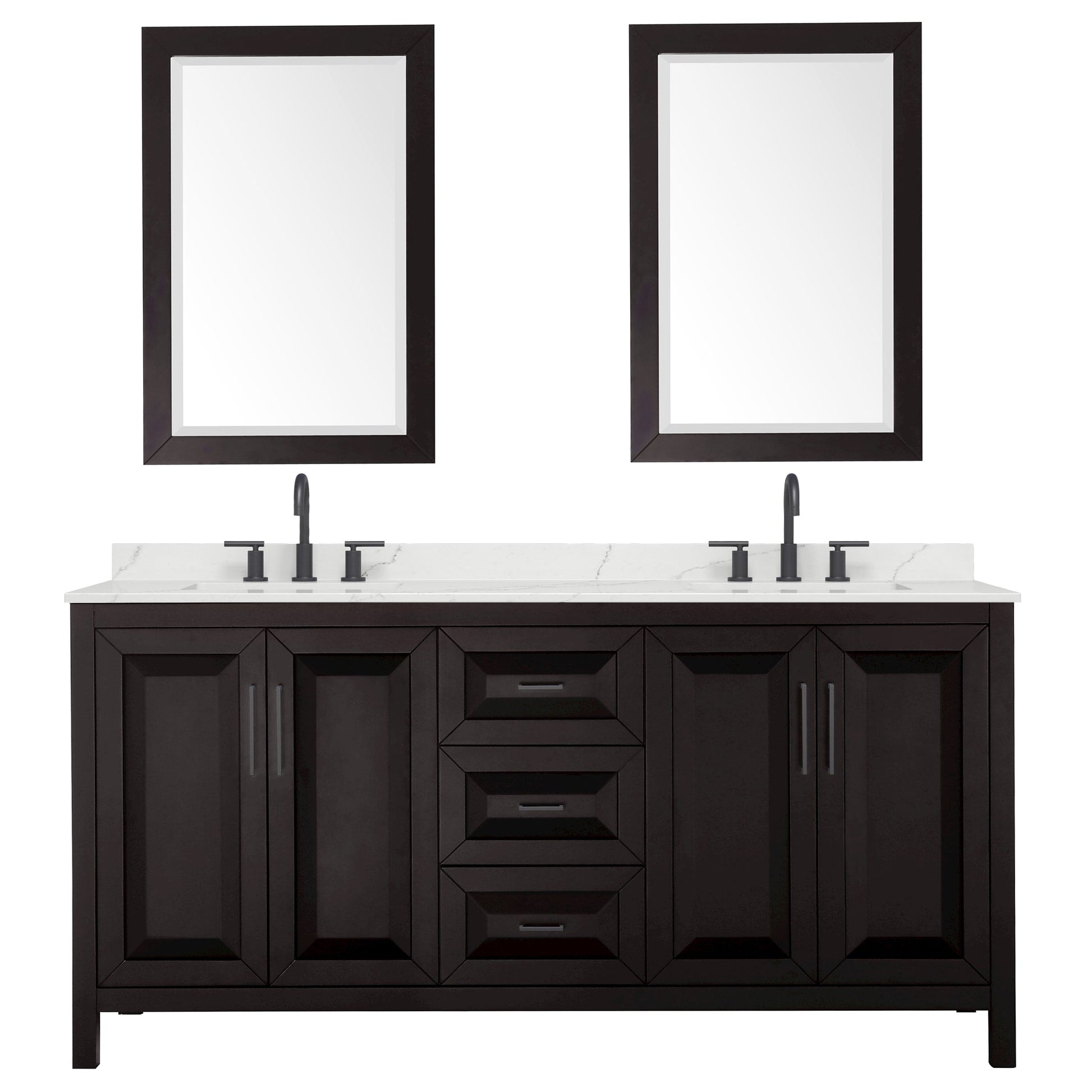 Wyndham Collection Daria 72" Double Bathroom Vanity in Dark Espresso, Giotto Quartz Countertop, Undermount Square Sinks (3-Hole), Matte Black Trim, 24" Mirrors