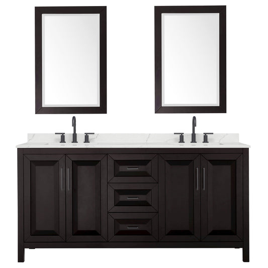 Wyndham Collection Daria 72" Double Bathroom Vanity in Dark Espresso, Giotto Quartz Countertop, Undermount Square Sinks (3-Hole), Matte Black Trim, 24" Mirrors