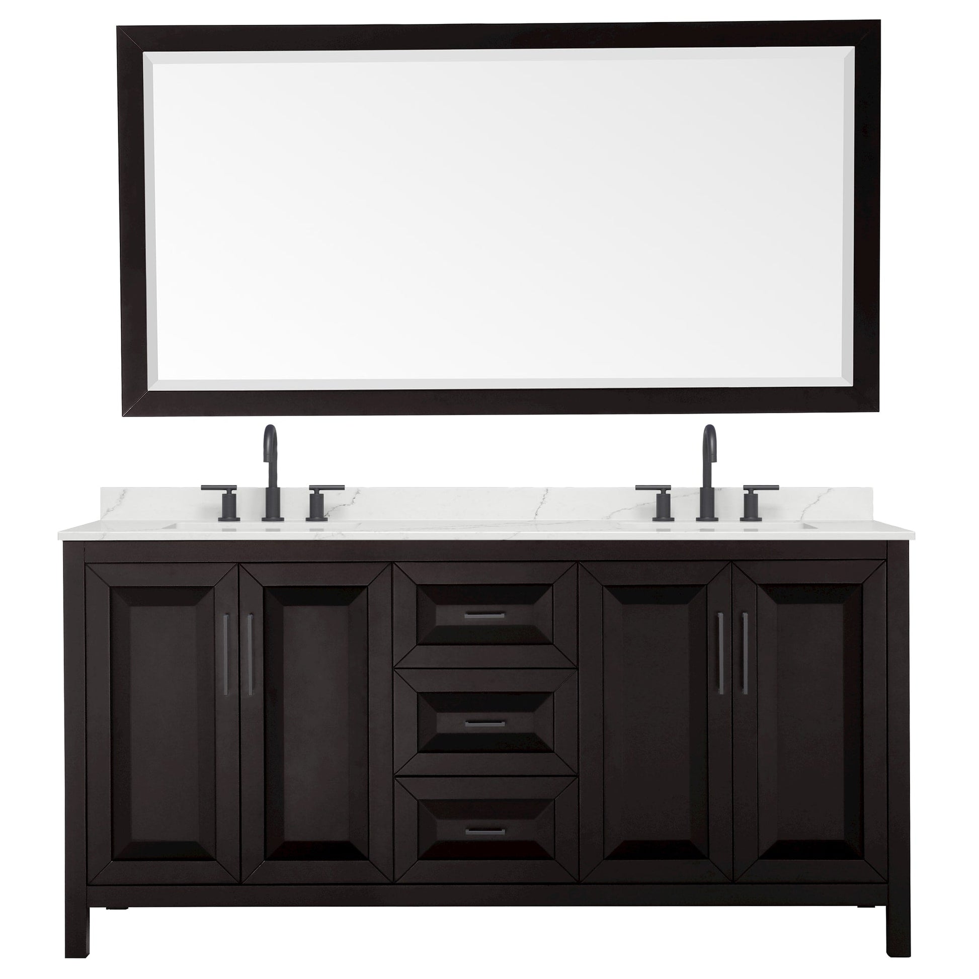 Wyndham Collection Daria 72" Double Bathroom Vanity in Dark Espresso, Giotto Quartz Countertop, Undermount Square Sinks (3-Hole), Matte Black Trim, 70" Mirror