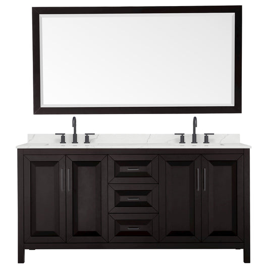 Wyndham Collection Daria 72" Double Bathroom Vanity in Dark Espresso, Giotto Quartz Countertop, Undermount Square Sinks (3-Hole), Matte Black Trim, 70" Mirror
