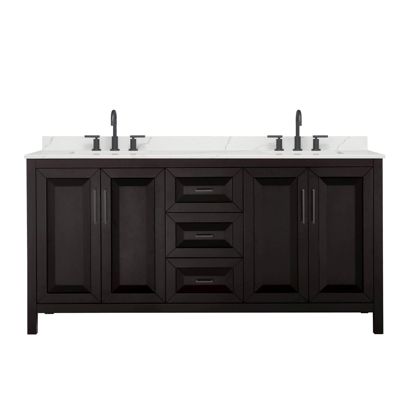 Wyndham Collection Daria 72" Double Bathroom Vanity in Dark Espresso, Giotto Quartz Countertop, Undermount Square Sinks (3-Hole), Matte Black Trim