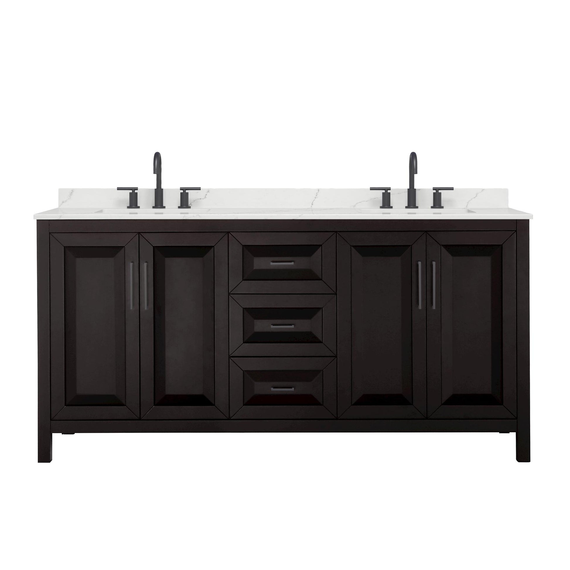 Wyndham Collection Daria 72" Double Bathroom Vanity in Dark Espresso, Giotto Quartz Countertop, Undermount Square Sinks (3-Hole), Matte Black Trim