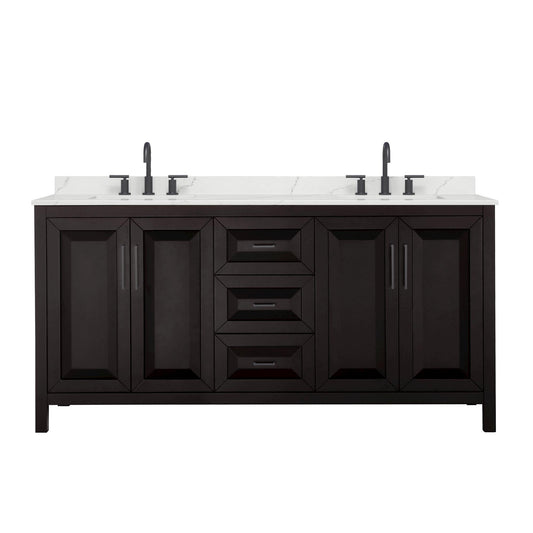 Wyndham Collection Daria 72" Double Bathroom Vanity in Dark Espresso, Giotto Quartz Countertop, Undermount Square Sinks (3-Hole), Matte Black Trim