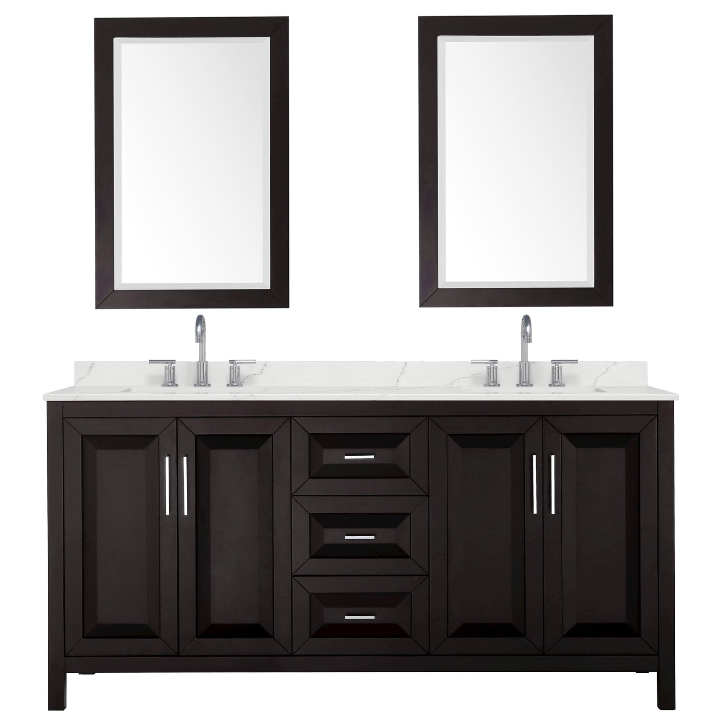 Wyndham Collection Daria 72" Double Bathroom Vanity in Dark Espresso, Giotto Quartz Countertop, Undermount Square Sinks (3-Hole), Polished Chrome Trim, 24" Mirrors