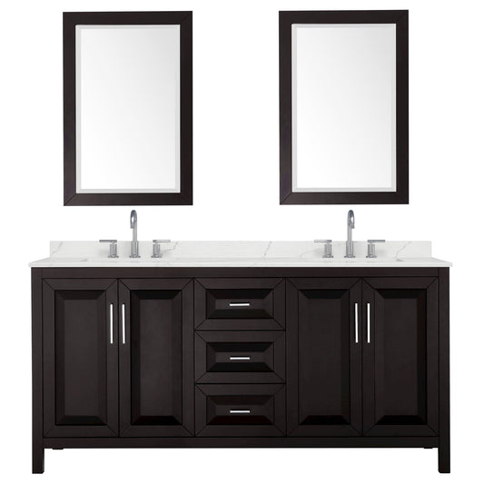Wyndham Collection Daria 72" Double Bathroom Vanity in Dark Espresso, Giotto Quartz Countertop, Undermount Square Sinks (3-Hole), Polished Chrome Trim, 24" Mirrors
